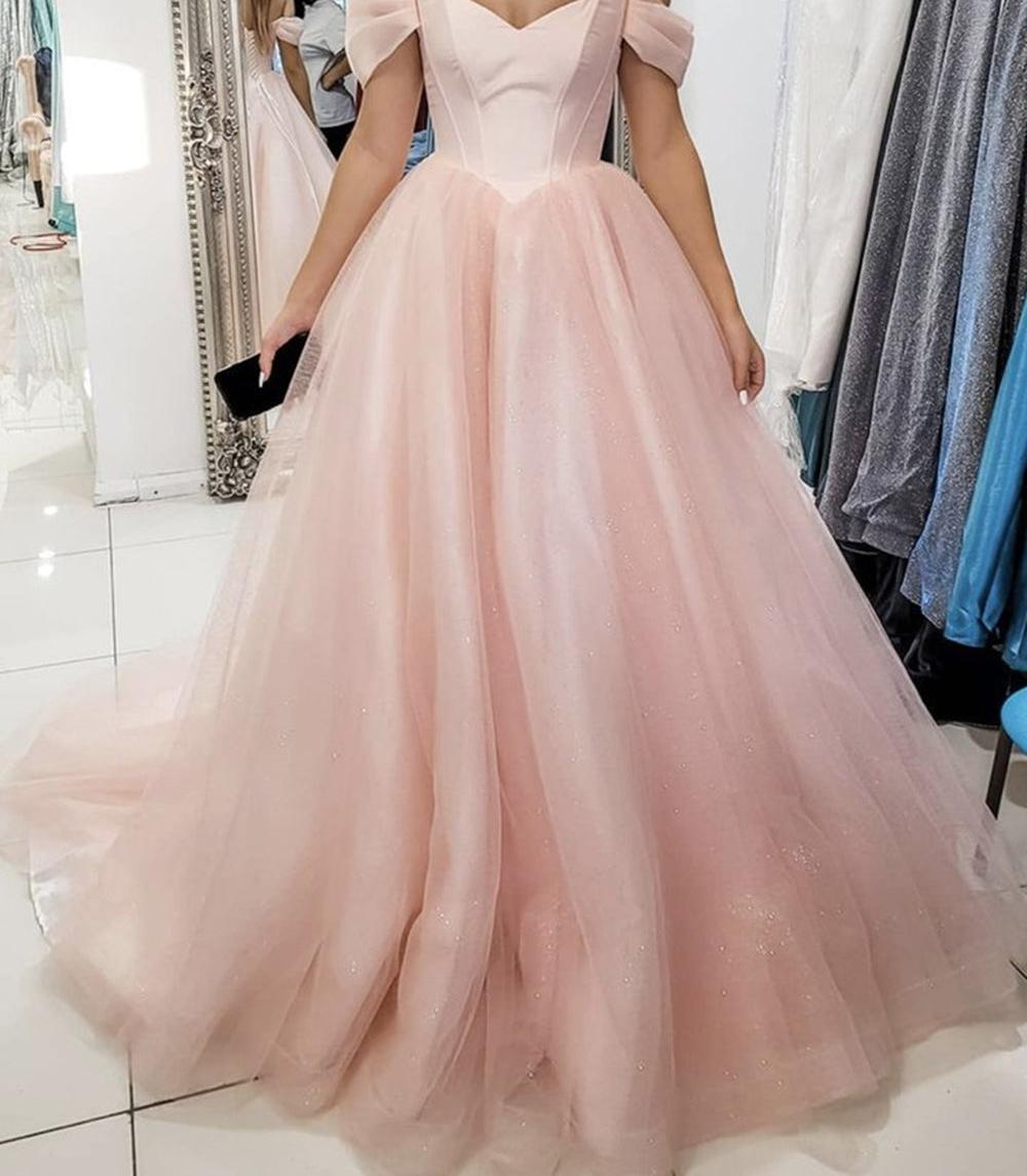 Unthony - Off Shoulder Pink Tulle Long Prom Dress