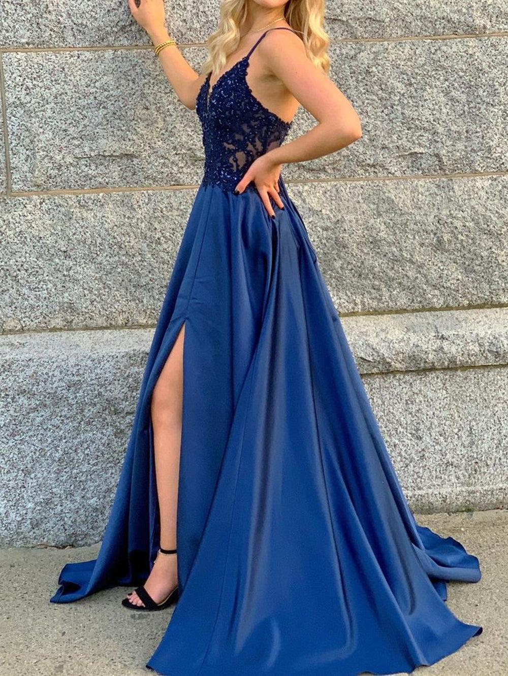 Unthony - V Neck Beaded Blue Lace Long Prom Dress with Leg Slit