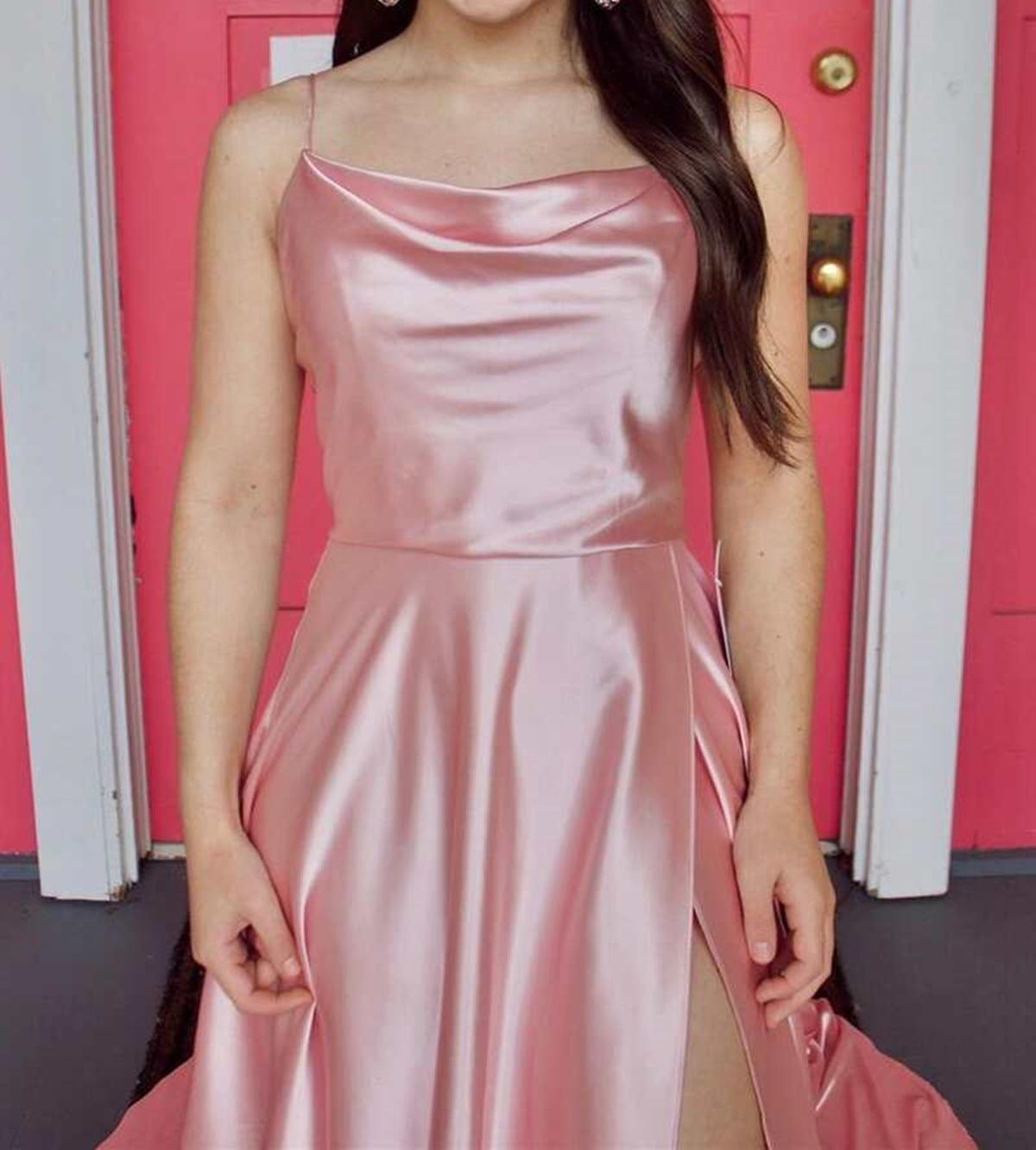 Unthony - Simple Pink Satin Long Prom Dress with High Slit