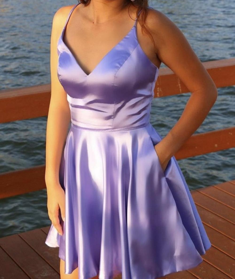 Unthony - A Line V Neck Open Back Short Purple Prom Homecoming Dress