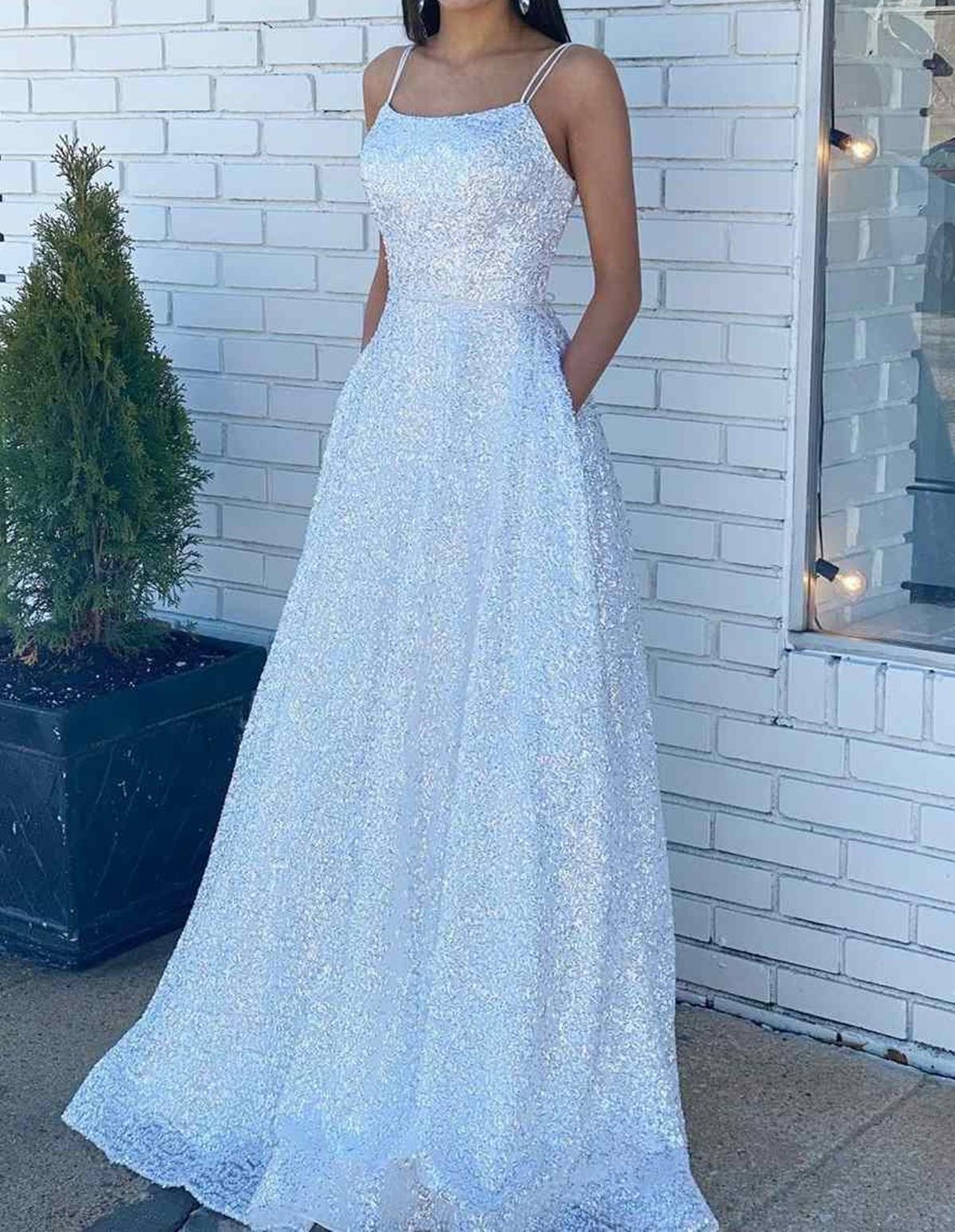 Unthony - Shiny White Sequins Open Back Long Prom Dress with Pocket