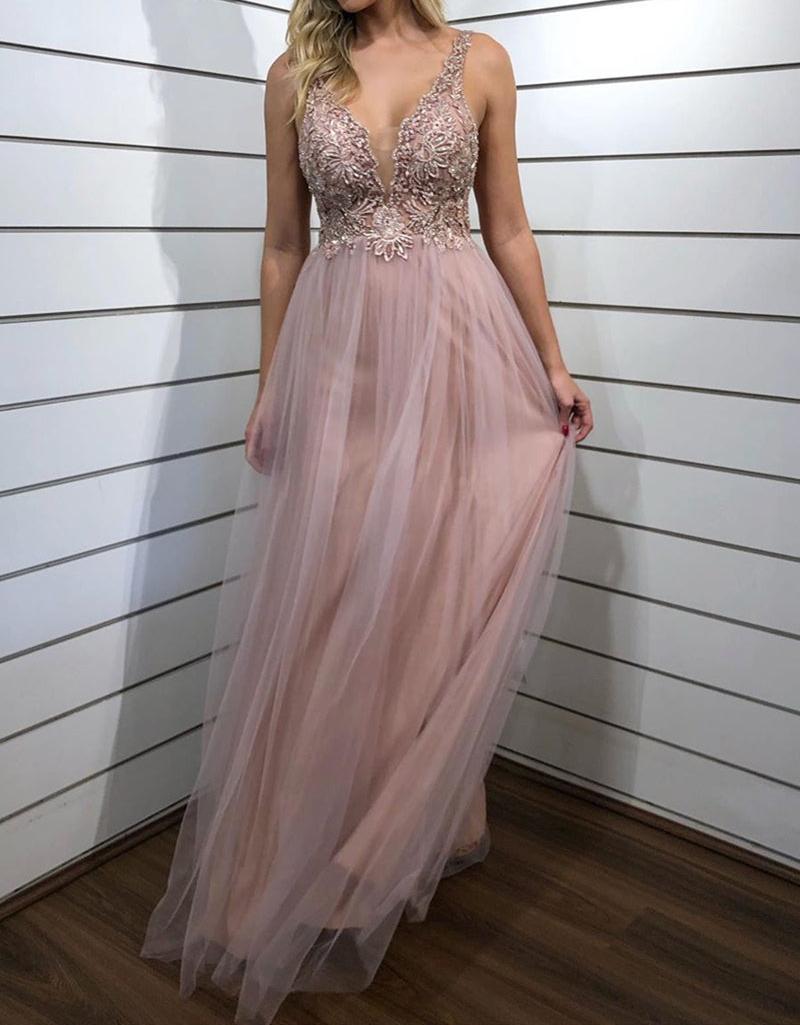 Unthony - A Line V Neck Beaded Champagne Long Prom Dress