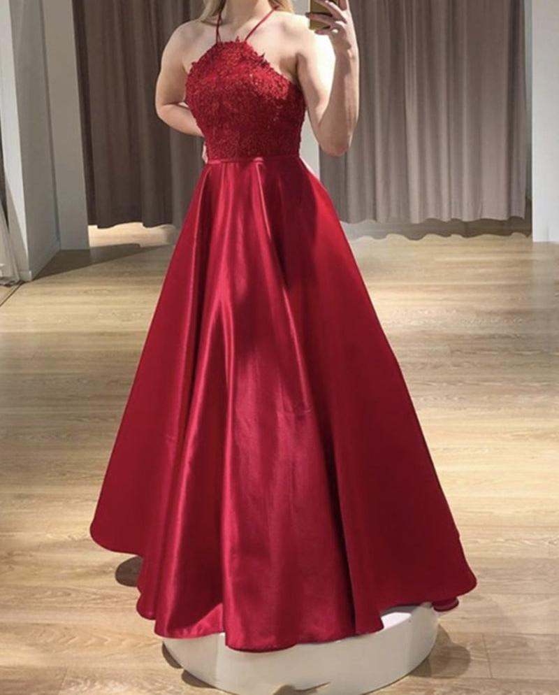 Unthony - A Line Backless Long Red Lace Prom Dress