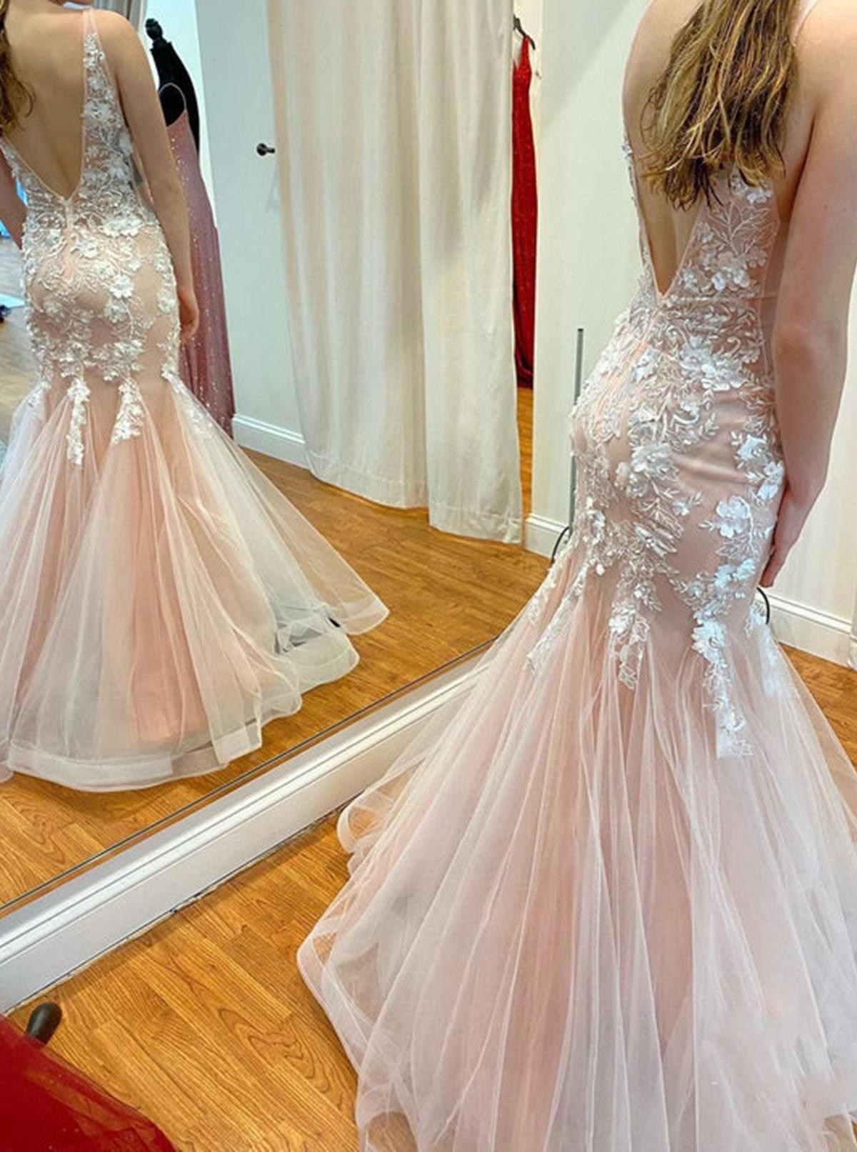 Unthony - Mermaid V Neck Rose Pink Tulle Long Prom Dress with Appliques