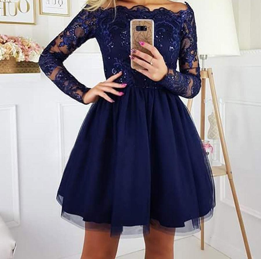 Unthony - Off the Shoulder Long Sleeves Lace Navy Blue Short Prom Dresses Homecoming Dresses