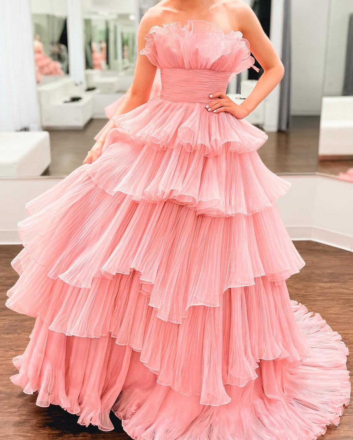 Unthony - Strapless Layered Pink Tulle Long Prom Dress