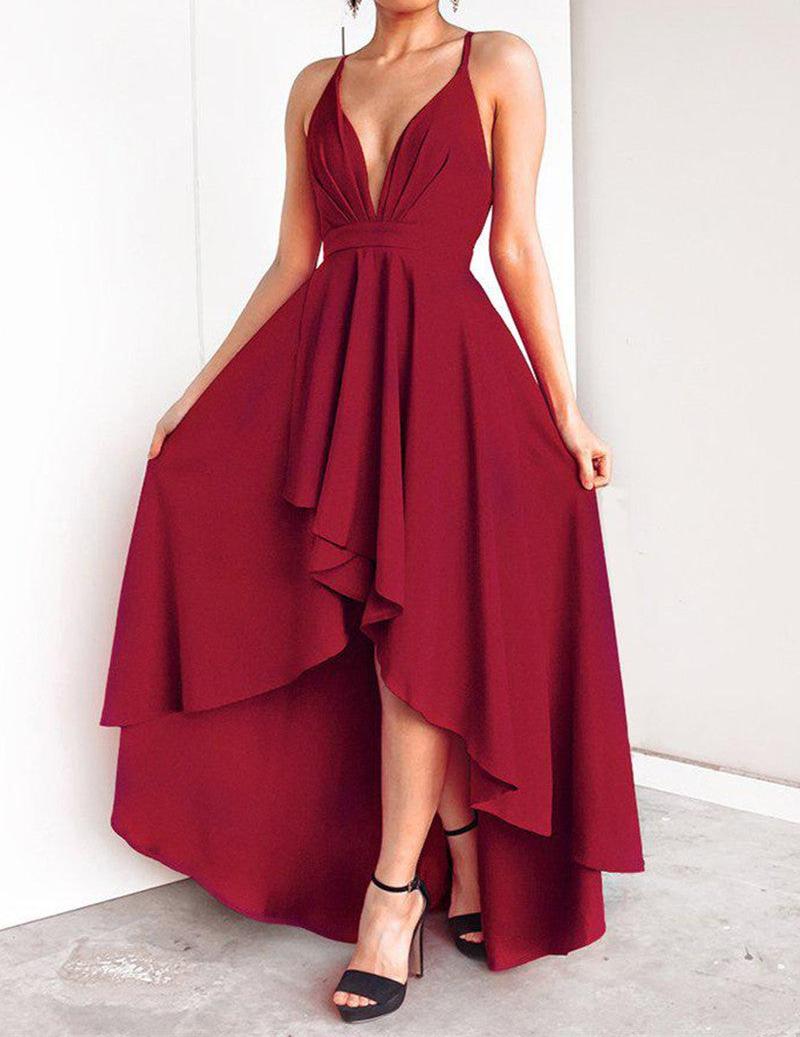 Unthony - A Line High Low V Neck Backless Burgundy Prom Dresses