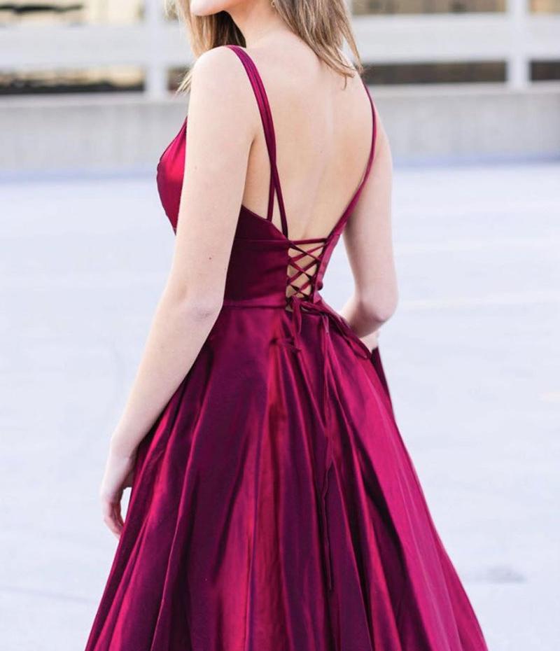 Unthony - A Line V Neck Open Back Long Burgundy Prom Dress with High Slit