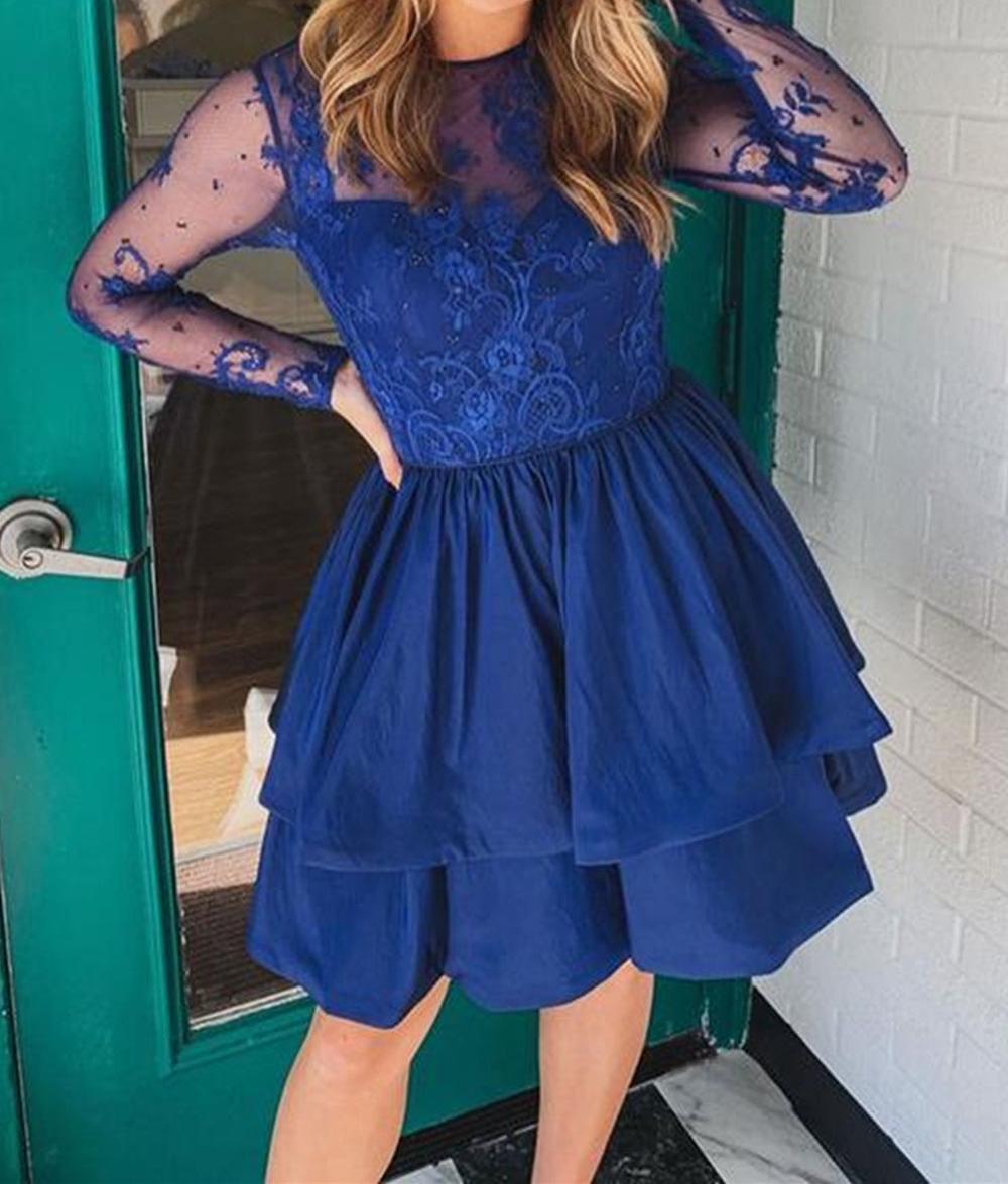 Unthony - Long Sleeves Layered Blue Lace Short Prom Dresses