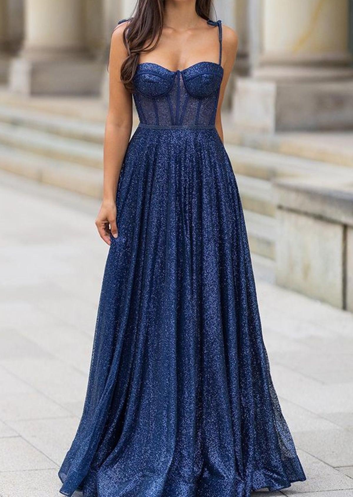 Unthony - Elegant A Line Open Back Navy Blue Long Prom Dress