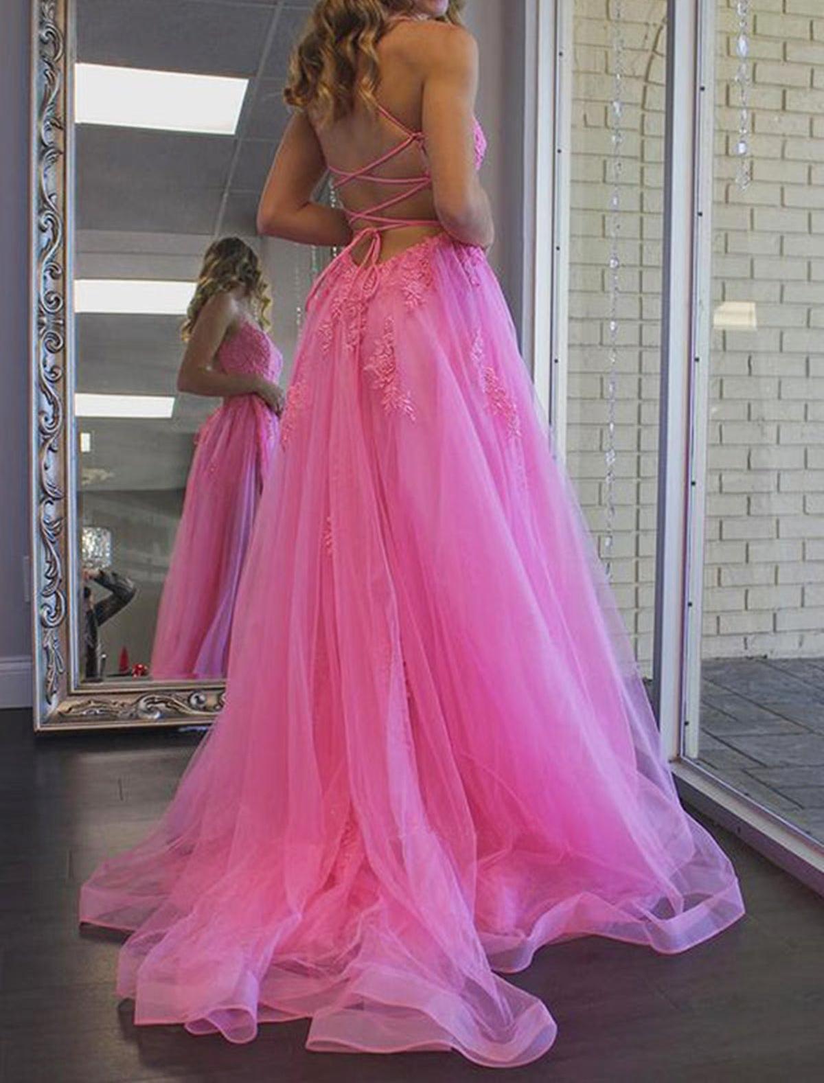 Unthony - Open Back Pink Lace Long Prom Dress with High Slit