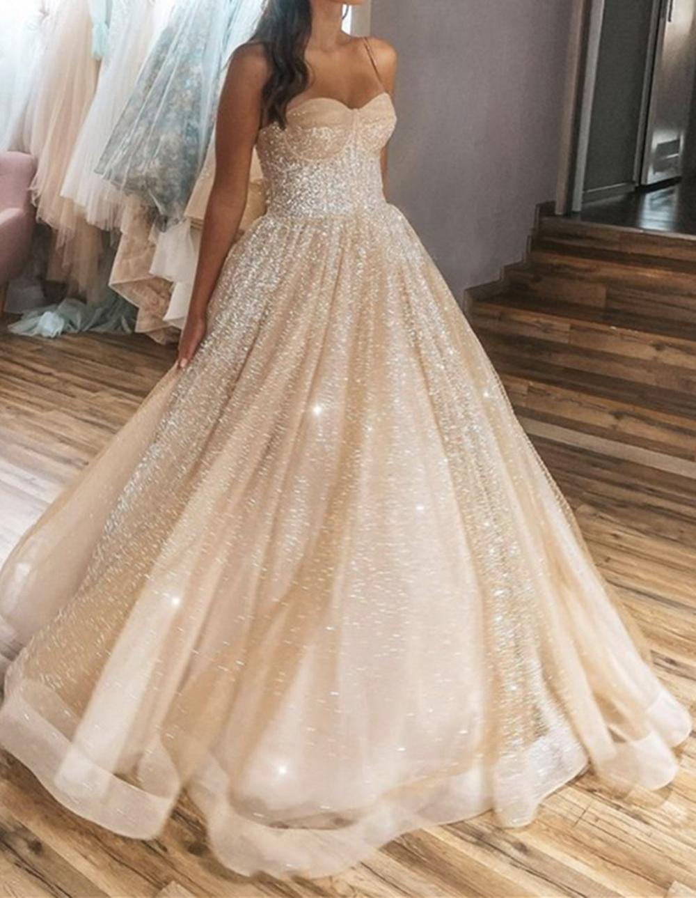 Unthony - Shiny Thin Straps Champagne Long Prom Gown