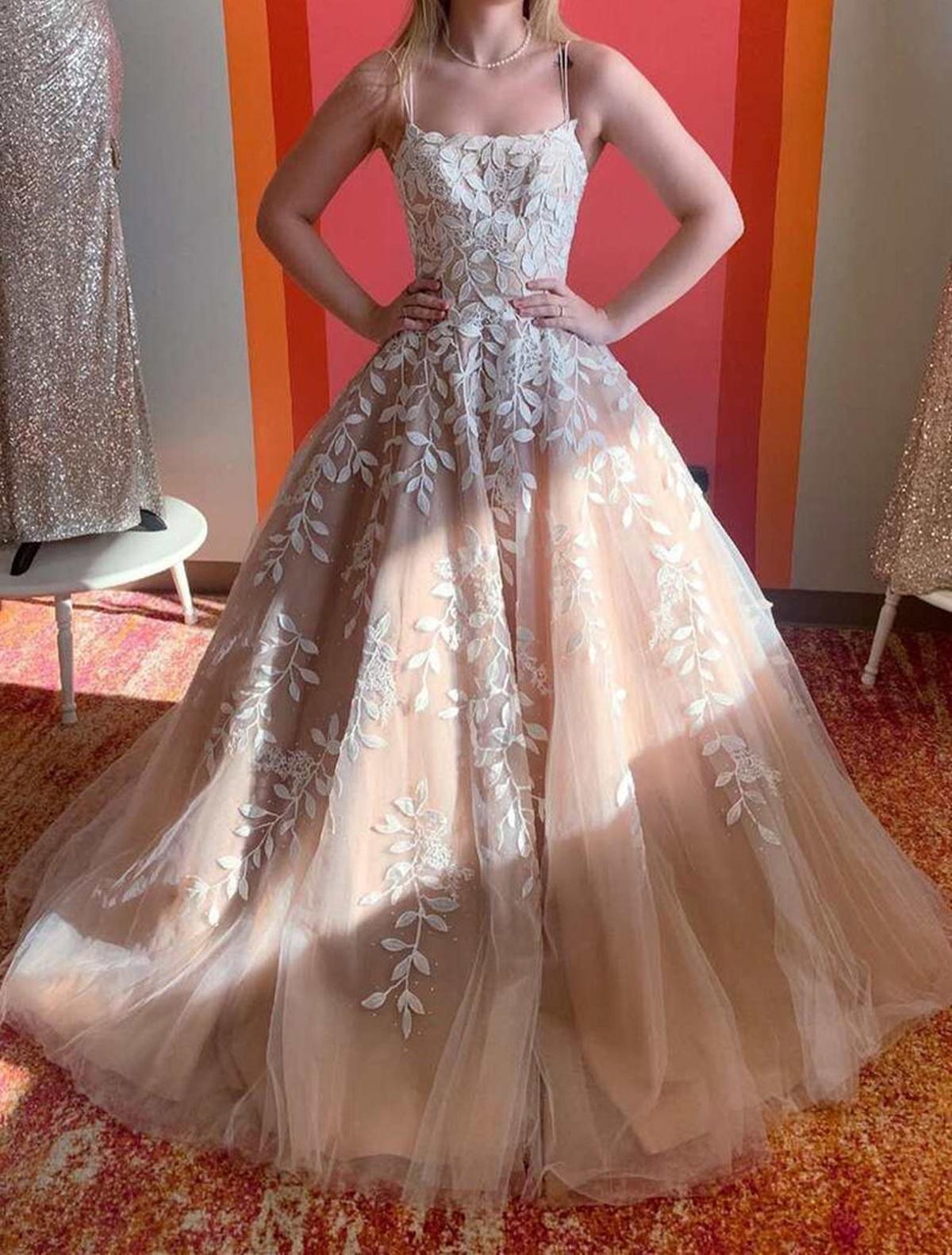 Unthony - A Line Pink Tulle Lace Long Prom Dress