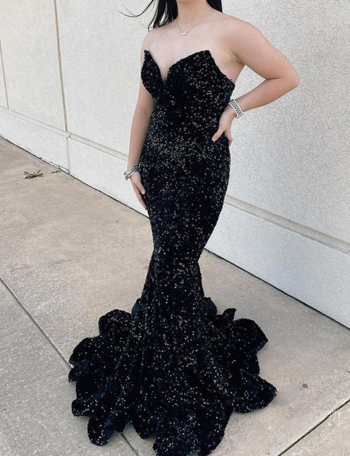 Unthony - Shiny Sequins Mermaid Burgundy/Blue/Black Long Prom Dress