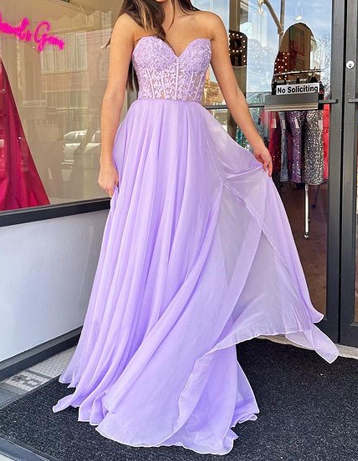 Unthony - Strapless Sweetheart Neck Purple Lace Long Prom Dress