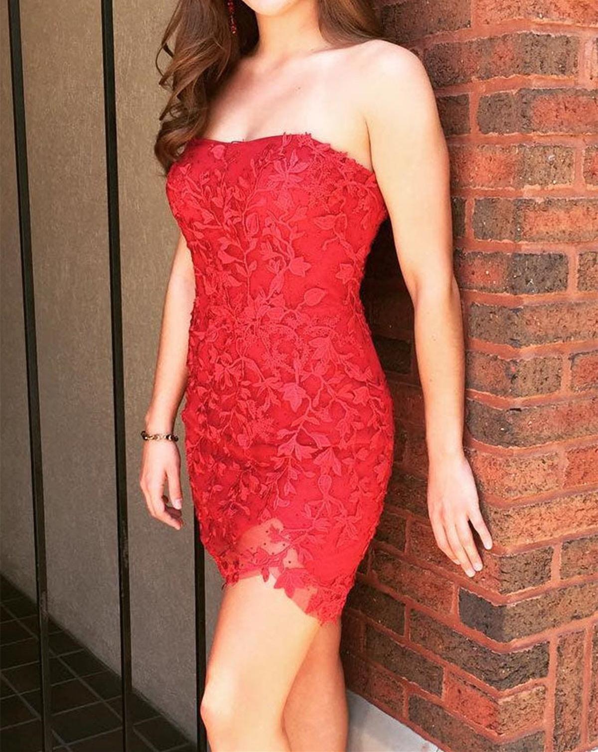 Unthony - Mermaid Strapless Red/Pink Lace Short Prom Homecoming Dress