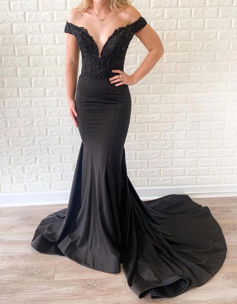 Unthony - Off the Shoulder Mermaid Lace Black Long Prom Dress with Train