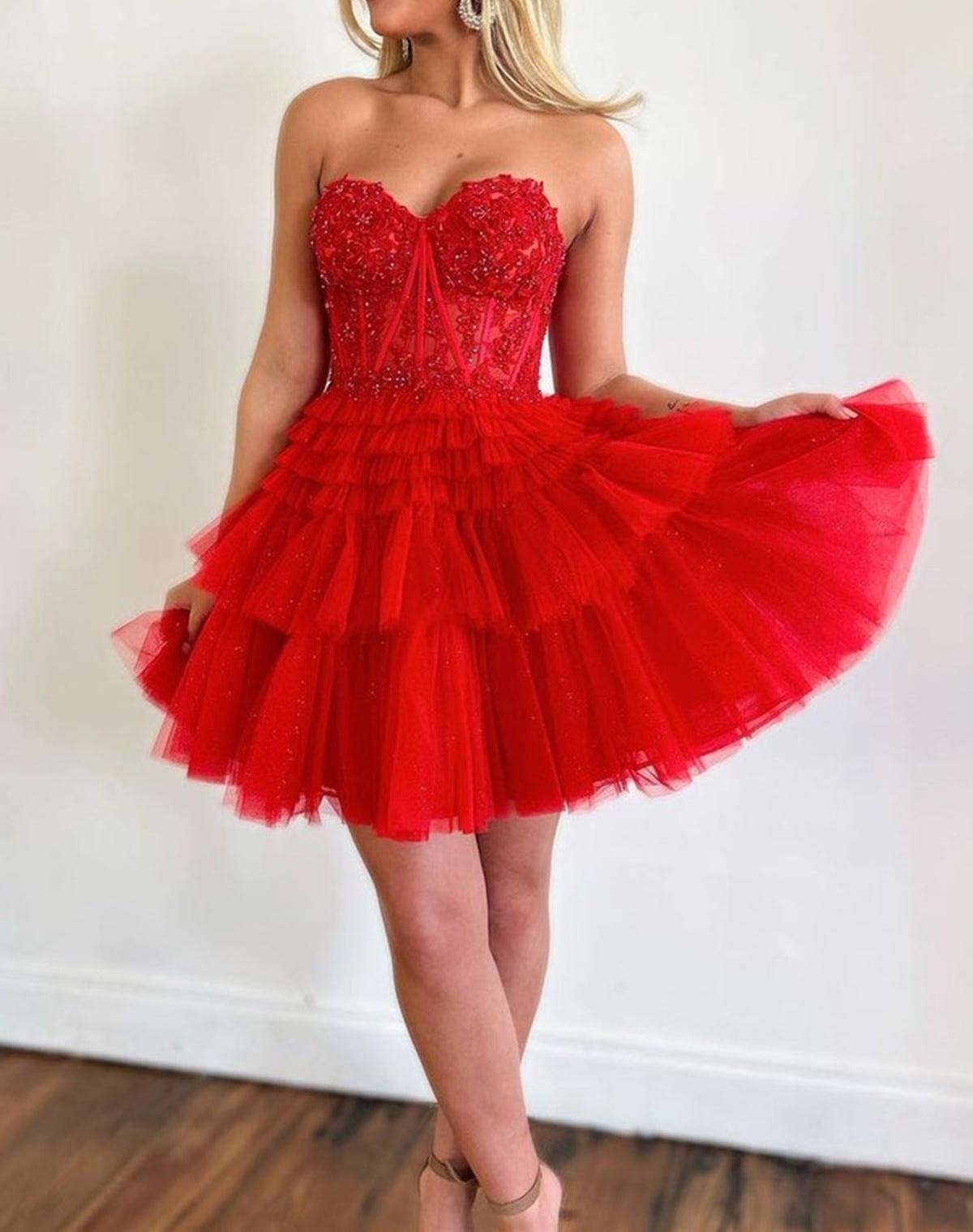 Unthony - Sweetheart Neck Strapless Beaded Red/Pink Lace Prom Dress