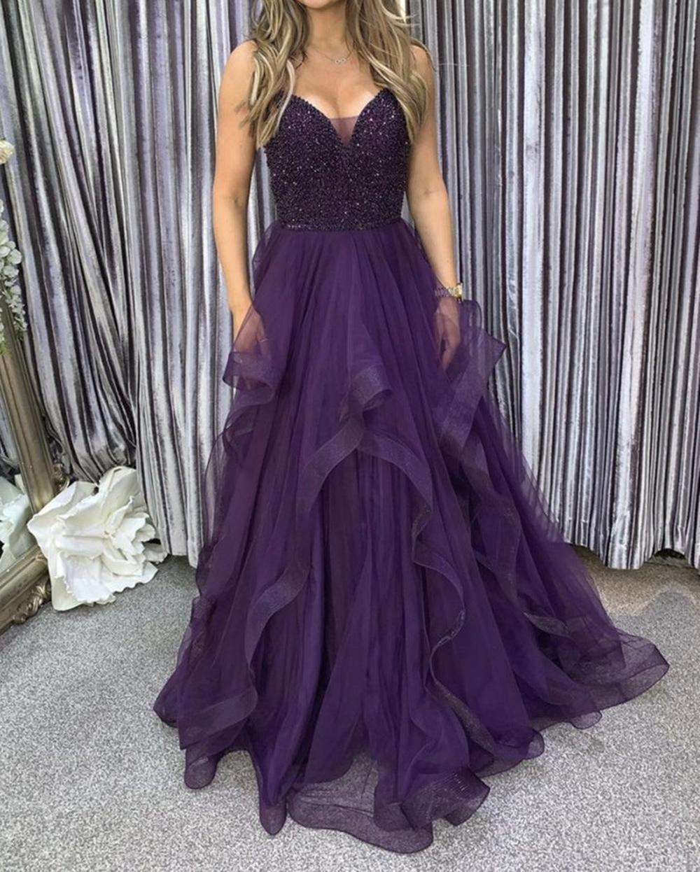 Unthony - V Neck Purple Beaded Long Prom Dress