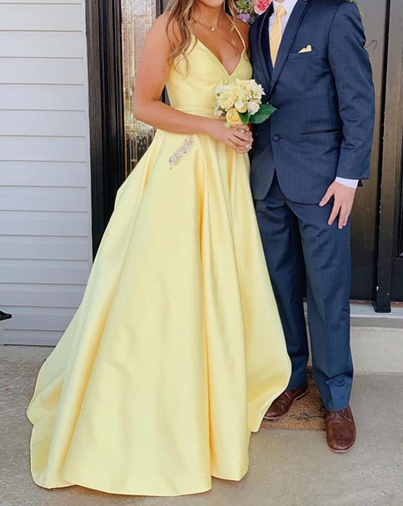 Unthony - Simple A Line V Neck Yellow Satin Long Prom Dress with Pockets