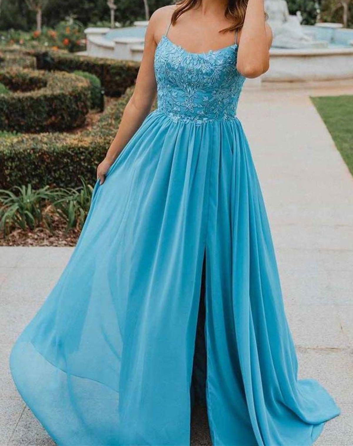 Unthony - Open Back Blue Lace Tulle Long Prom Dress with High Slit