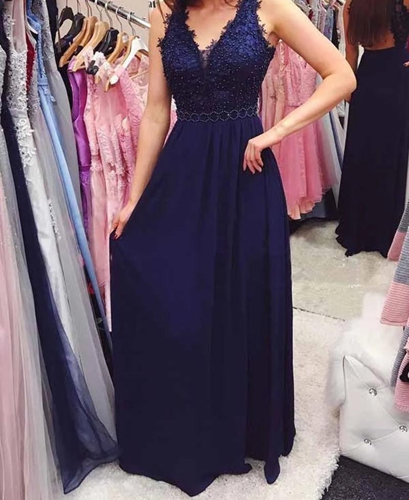 Unthony - A Line V Neck Open Back Navy Blue Lace Long Prom Dress