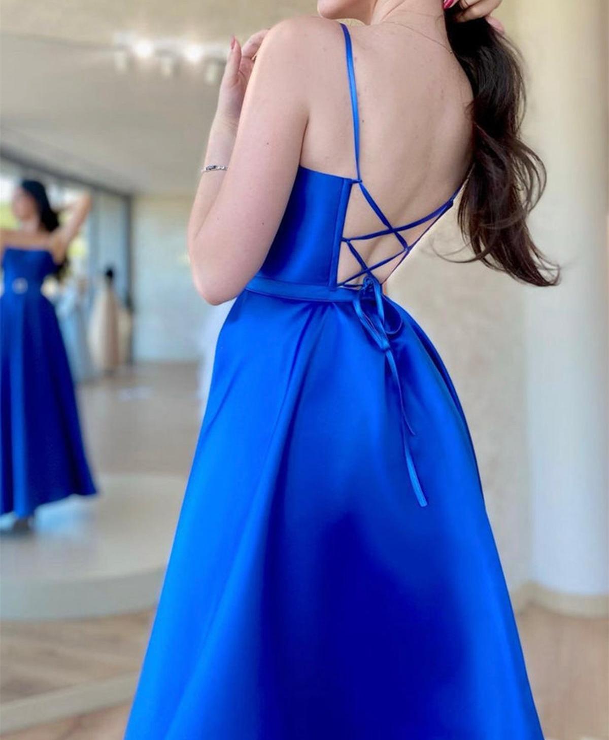Unthony - Backless Royal Blue Satin Long Prom Dress with High Slit