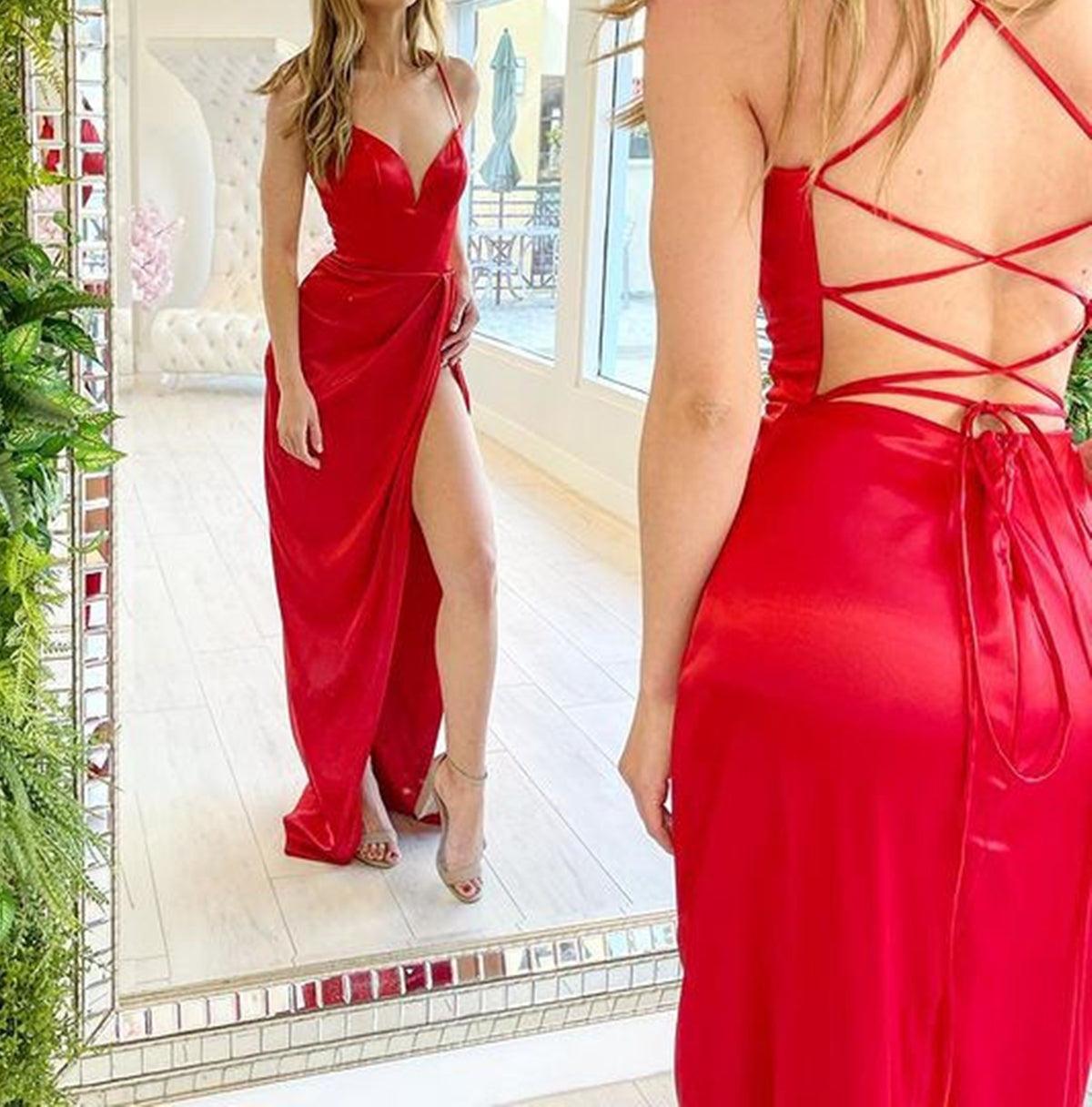Unthony - Simple V Neck Backless Black/Red Long Prom Dress with High Slit