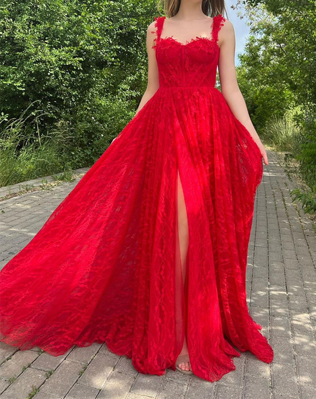 Unthony - Sweetheart Neck Red Lace Long Prom Dresses with High Slit