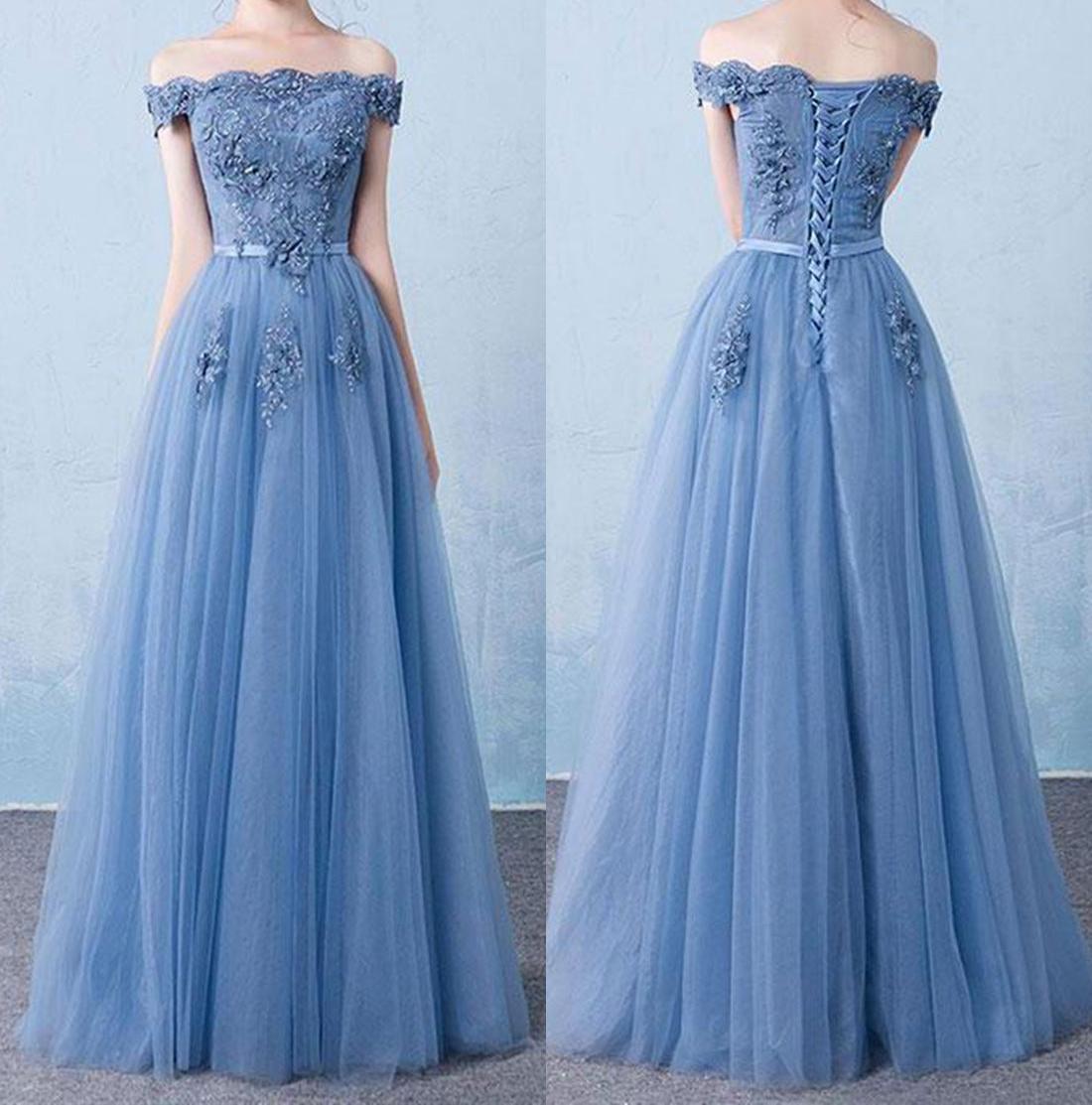 Unthony - A Line Off Shoulder Lace Appliques Blue Tulle Long Prom Dresses