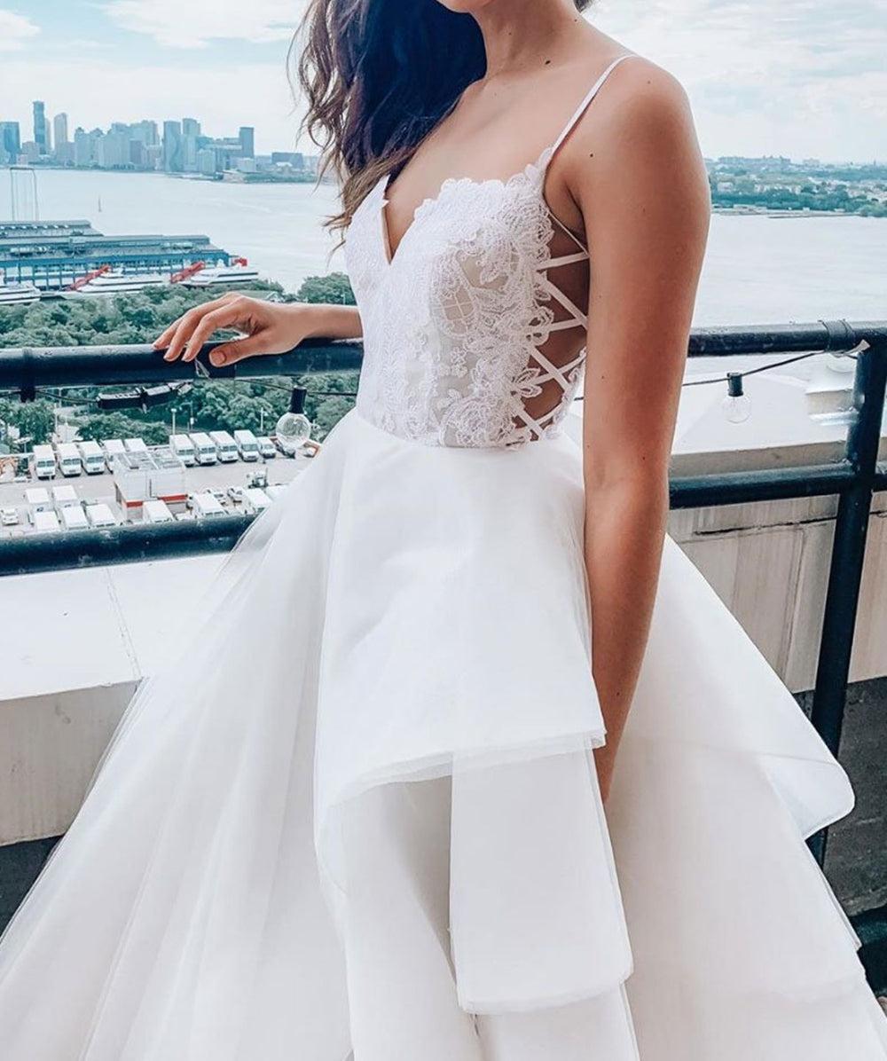 Unthony - V Neck White Lace Fluffy Long Prom Dress