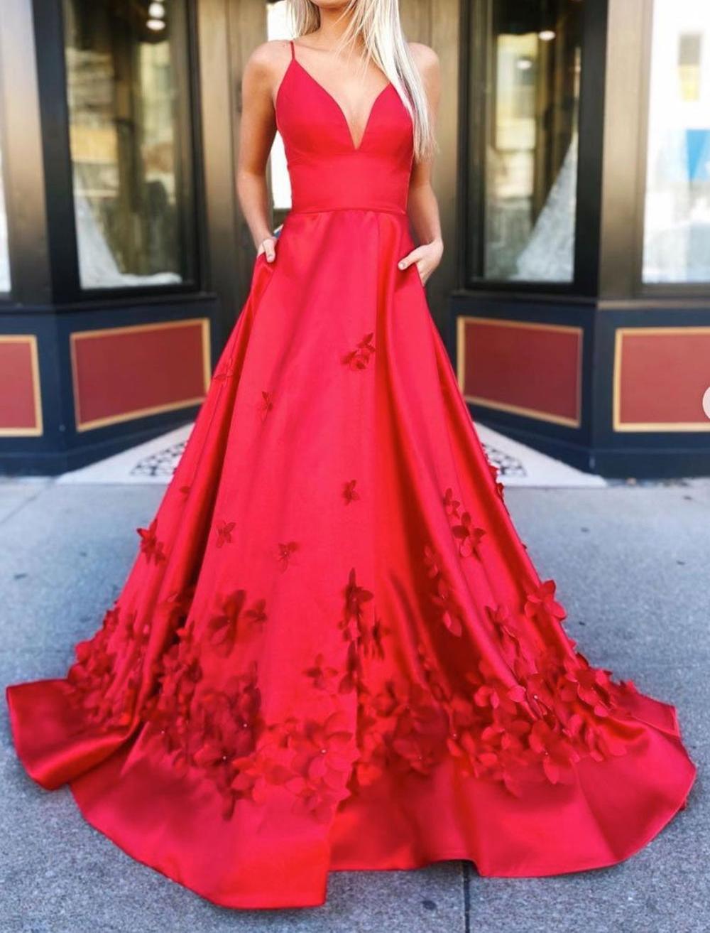 Unthony - A Line V Neck Red Satin Floral Long Prom Dress