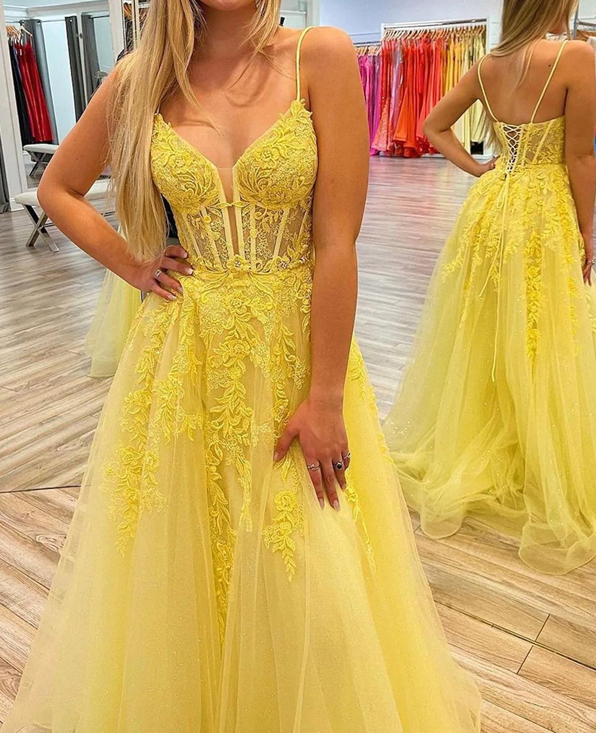 Unthony - A Line V Neck Open Back Yellow Lace Long Prom Dress