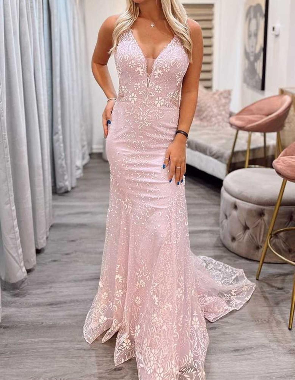 Unthony - V Neck Mermaid Backless Pink Lace Long Prom Dress