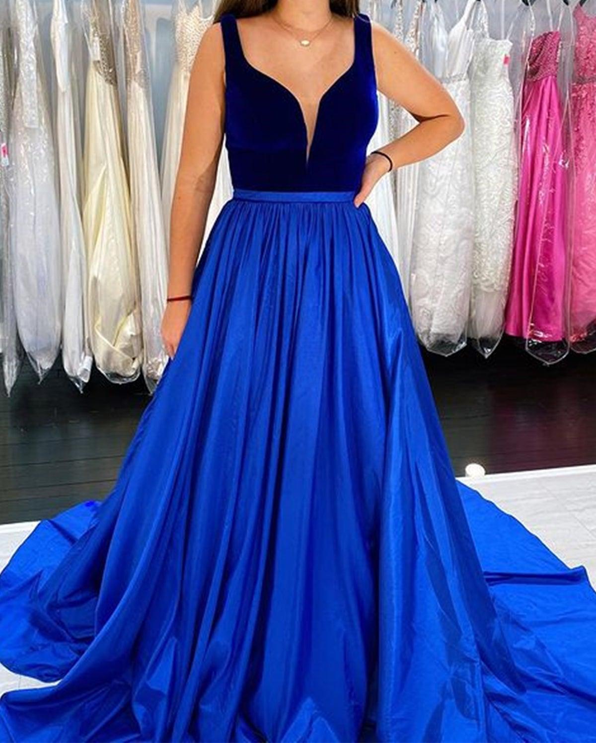 Unthony - A Line V Neck Blue Velvet Top Long Prom Dress with Pocket
