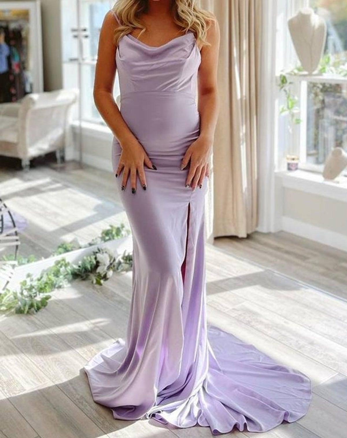 Unthony - Elegant Open Back Lavender Satin Long Prom Dress with High Slit