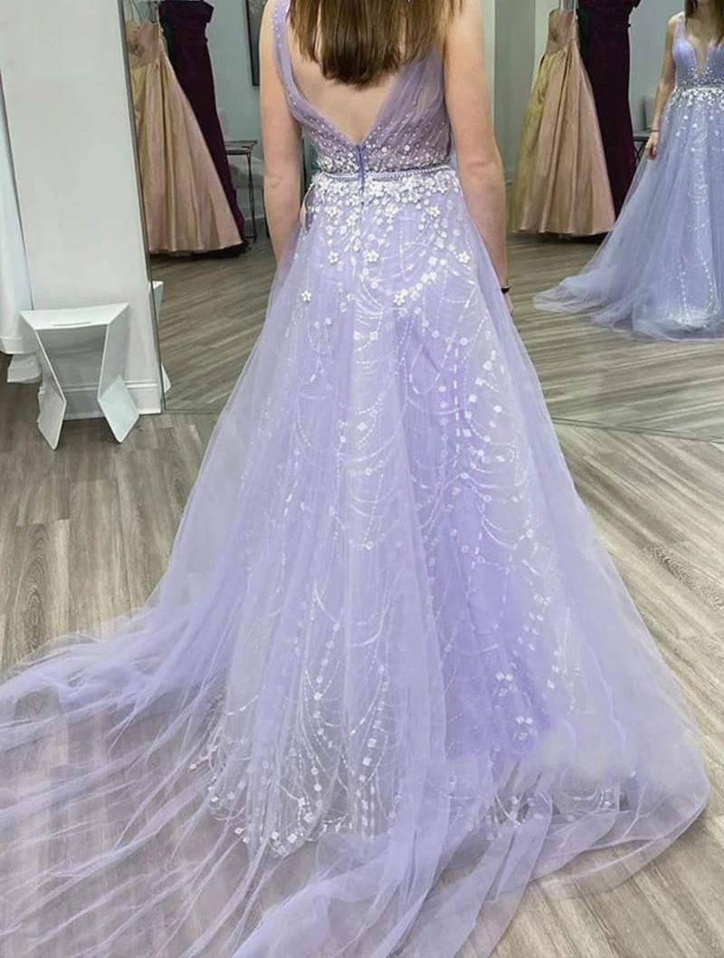 Unthony - A Line V Neck Tulle Lace Appliques Long Lilac Prom Dress