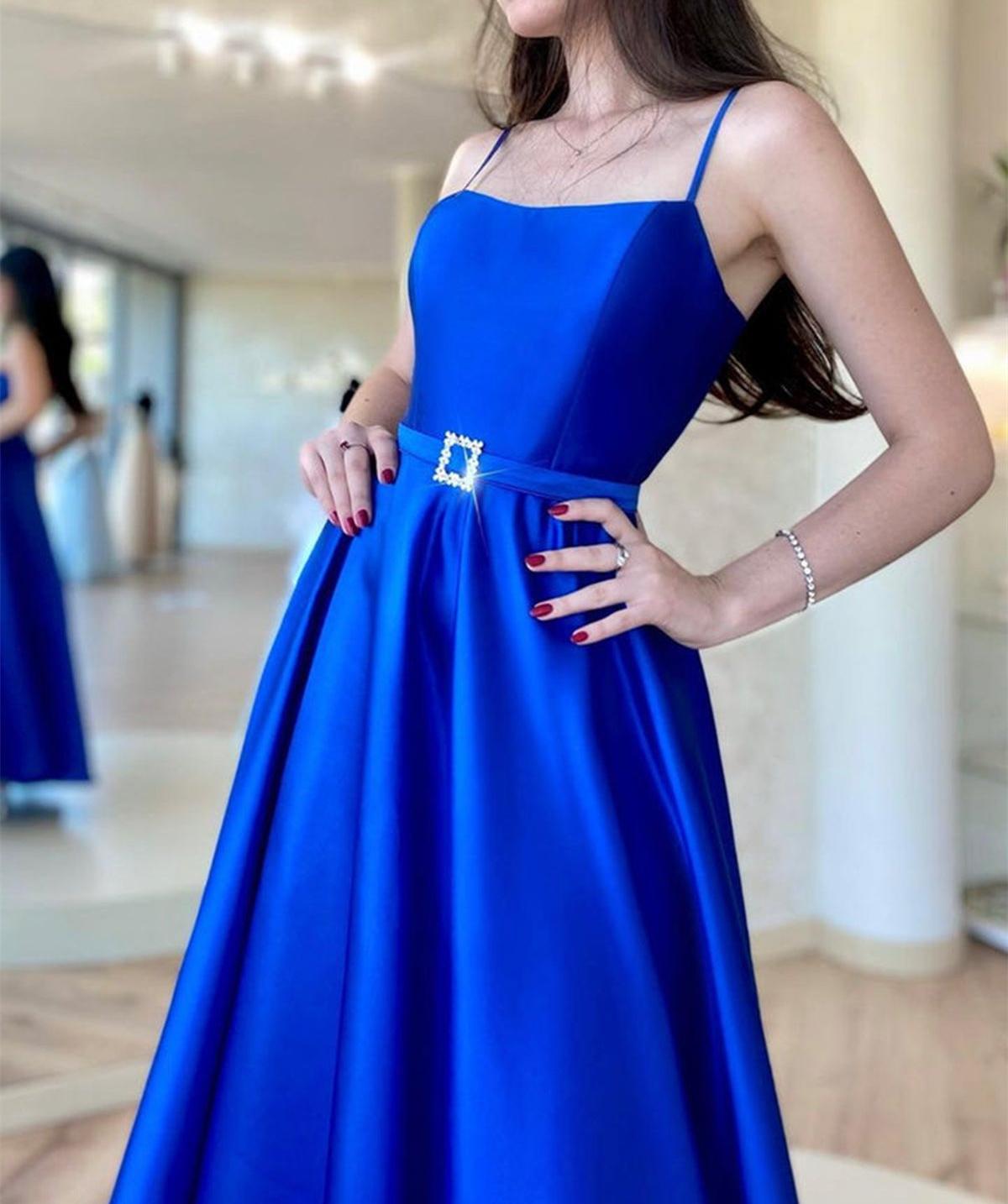 Unthony - Backless Royal Blue Satin Long Prom Dress with High Slit