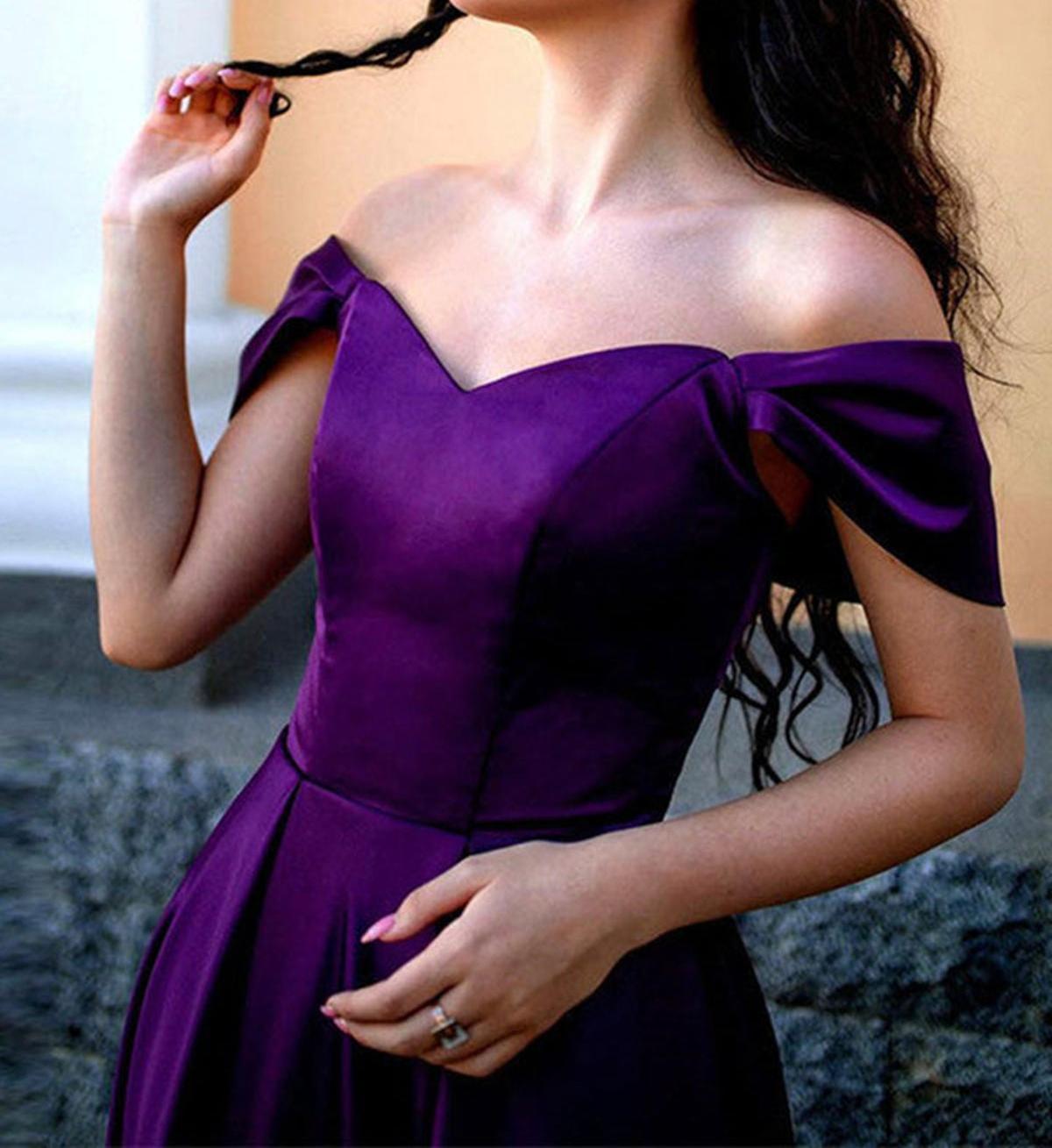 Unthony - Off Shoulder Purple Satin Long Prom Dress with High Slit
