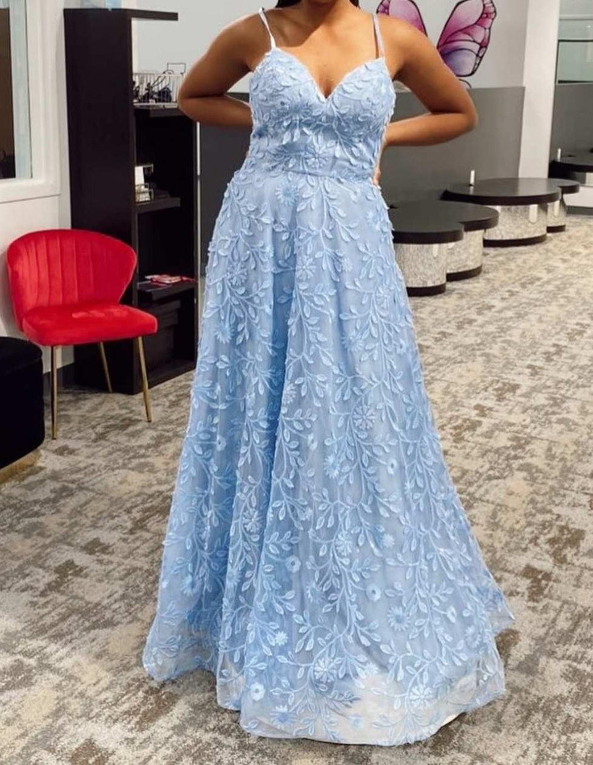 Unthony - A Line V Neck Backless Blue Lace Long Prom Dress