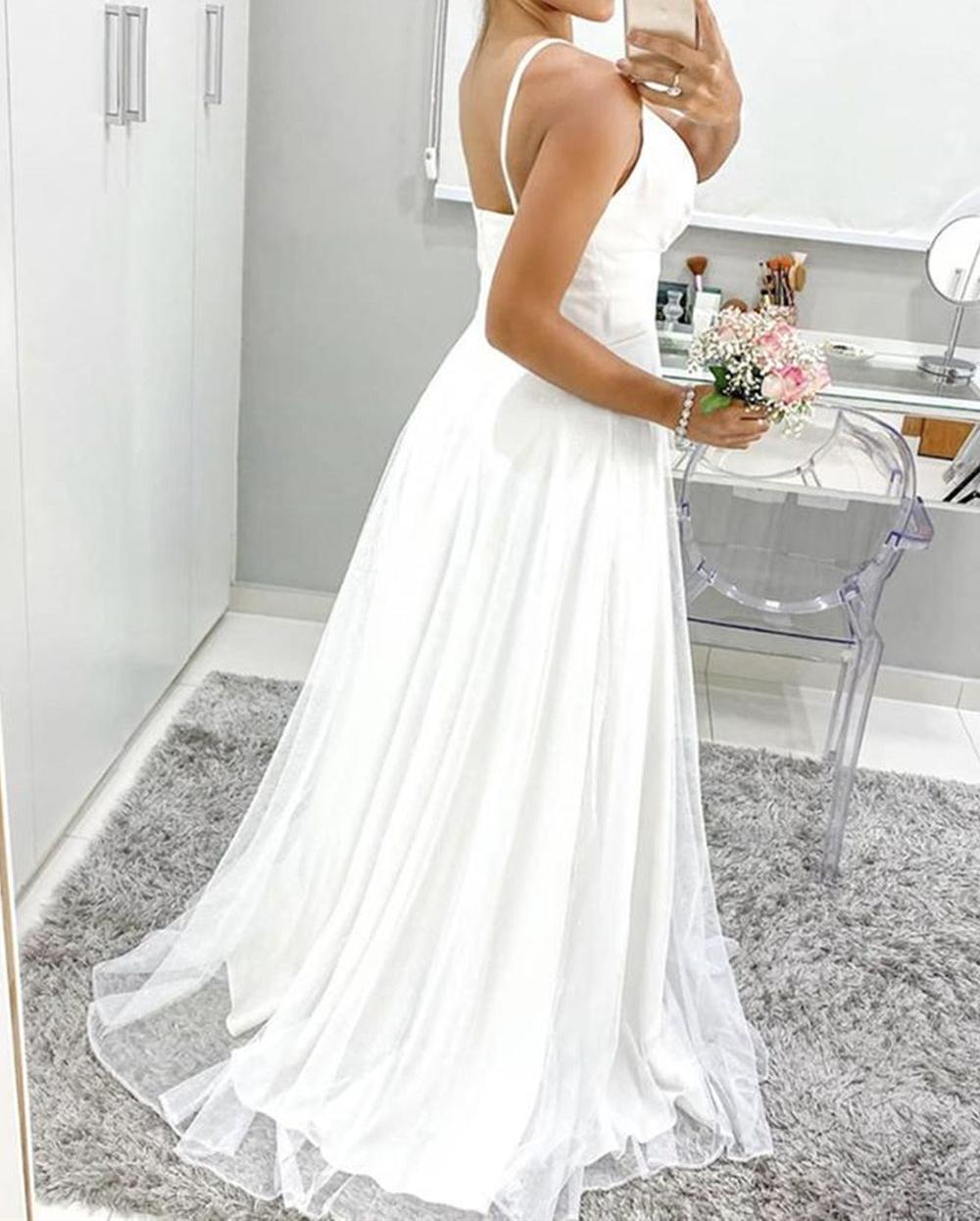 Unthony - A Line V Neck Thin Straps White Chiffon Long Prom Dress