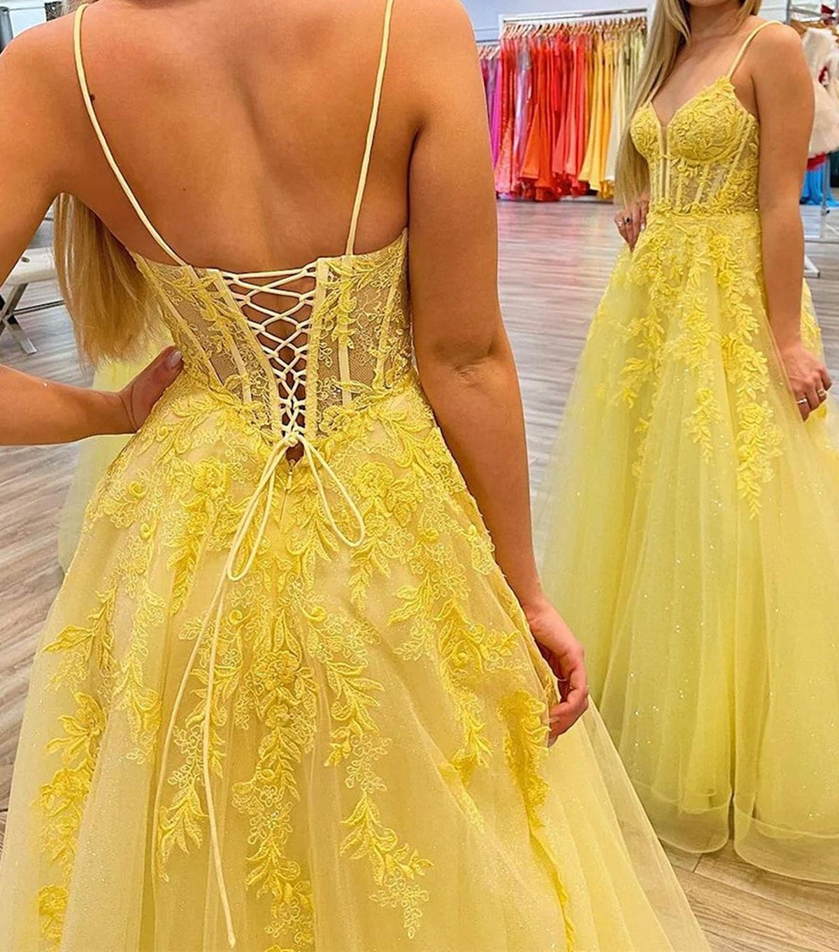 Unthony - A Line V Neck Open Back Yellow Lace Long Prom Dress