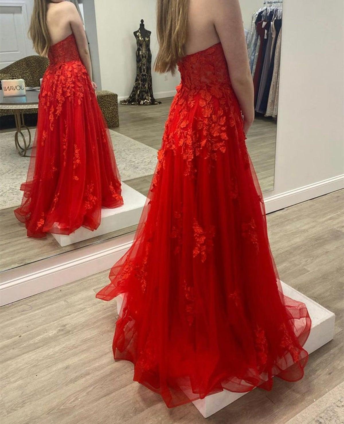 Unthony - Strapless Red Tulle Long Prom Dress with Lace Appliques
