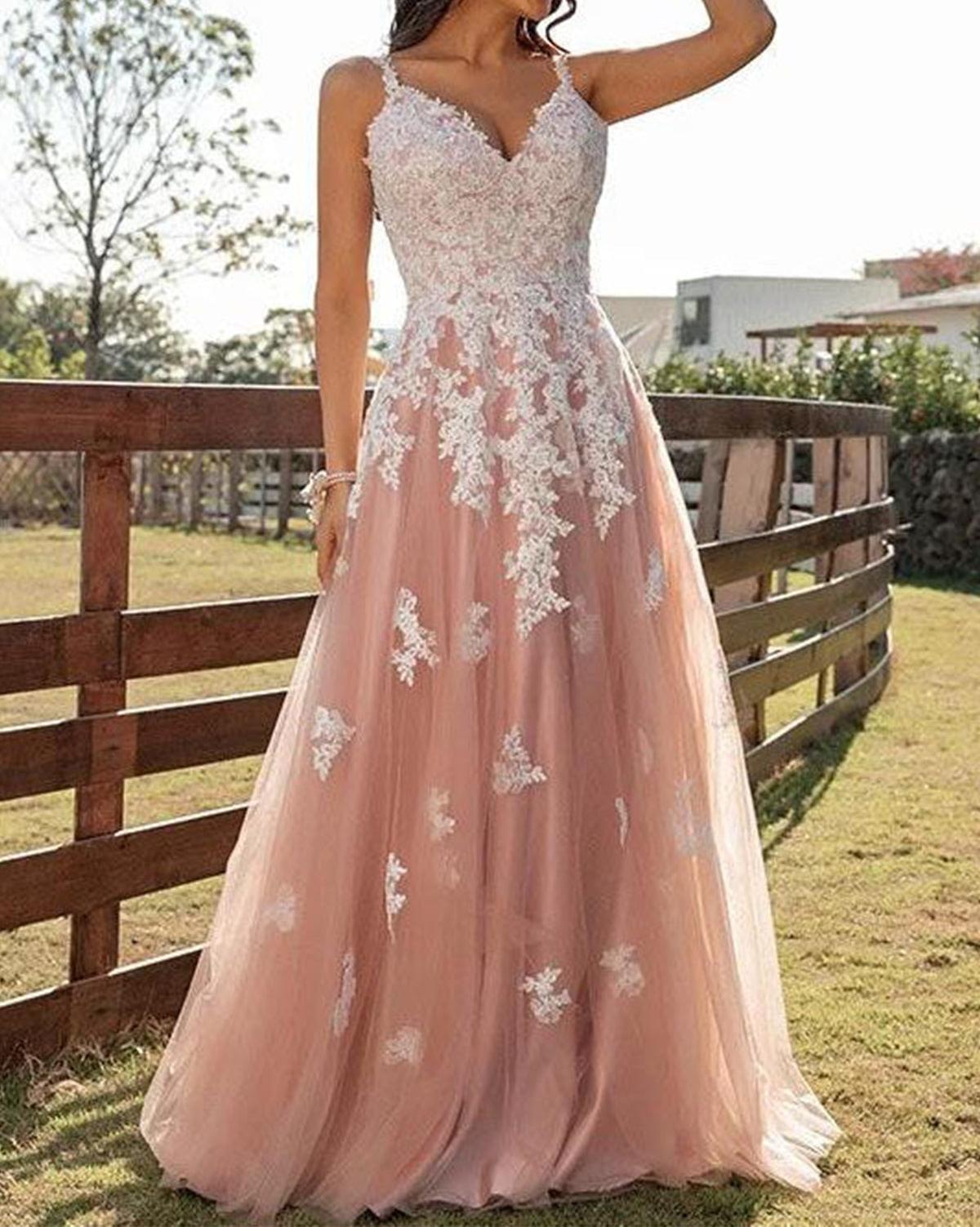 Unthony - A Line V Neck Pink Tulle Long Prom Dress with Lace Appliques