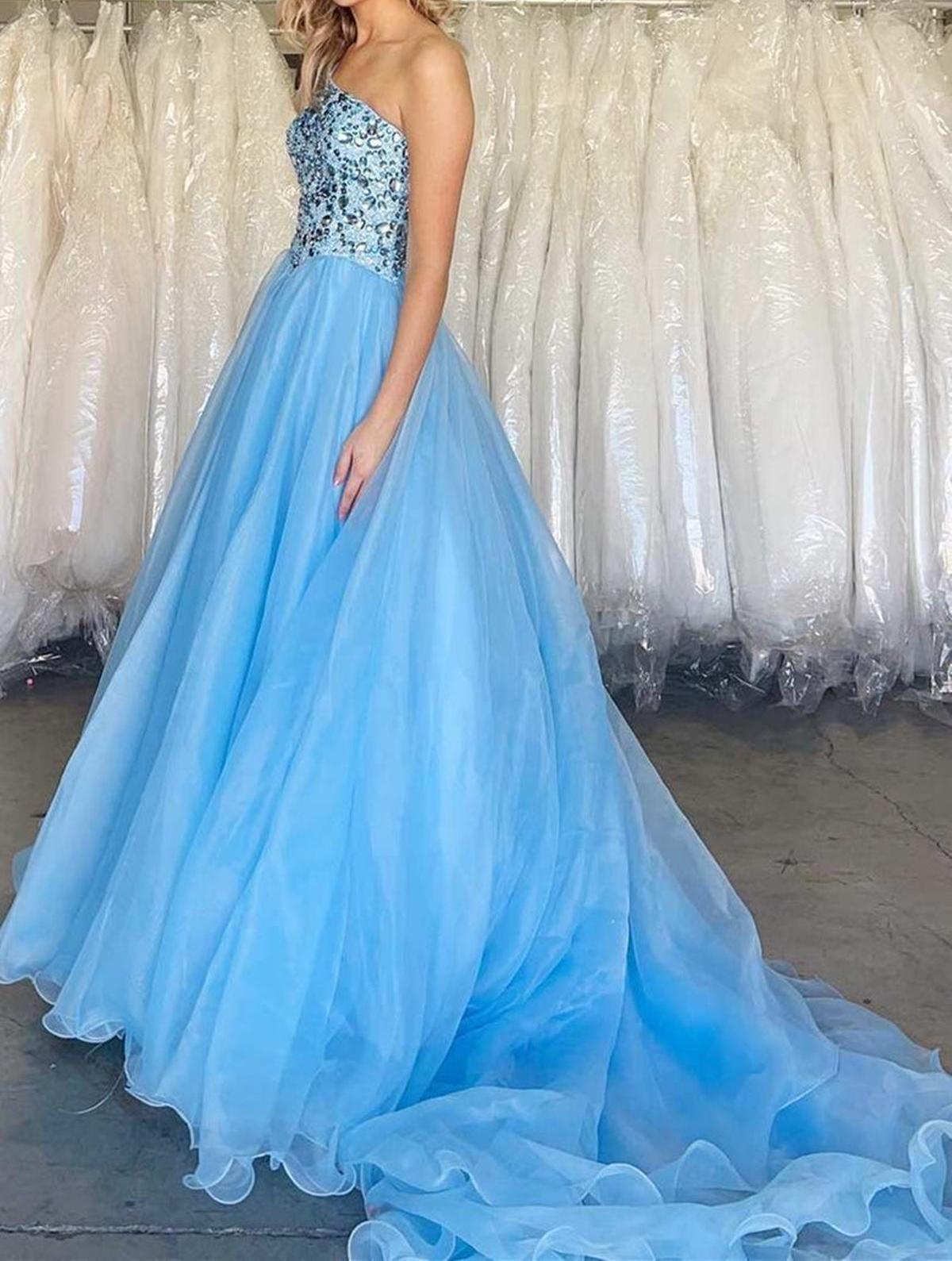Unthony - Gorgeous One Shoulder Beaded Blue Tulle Long Prom Dress