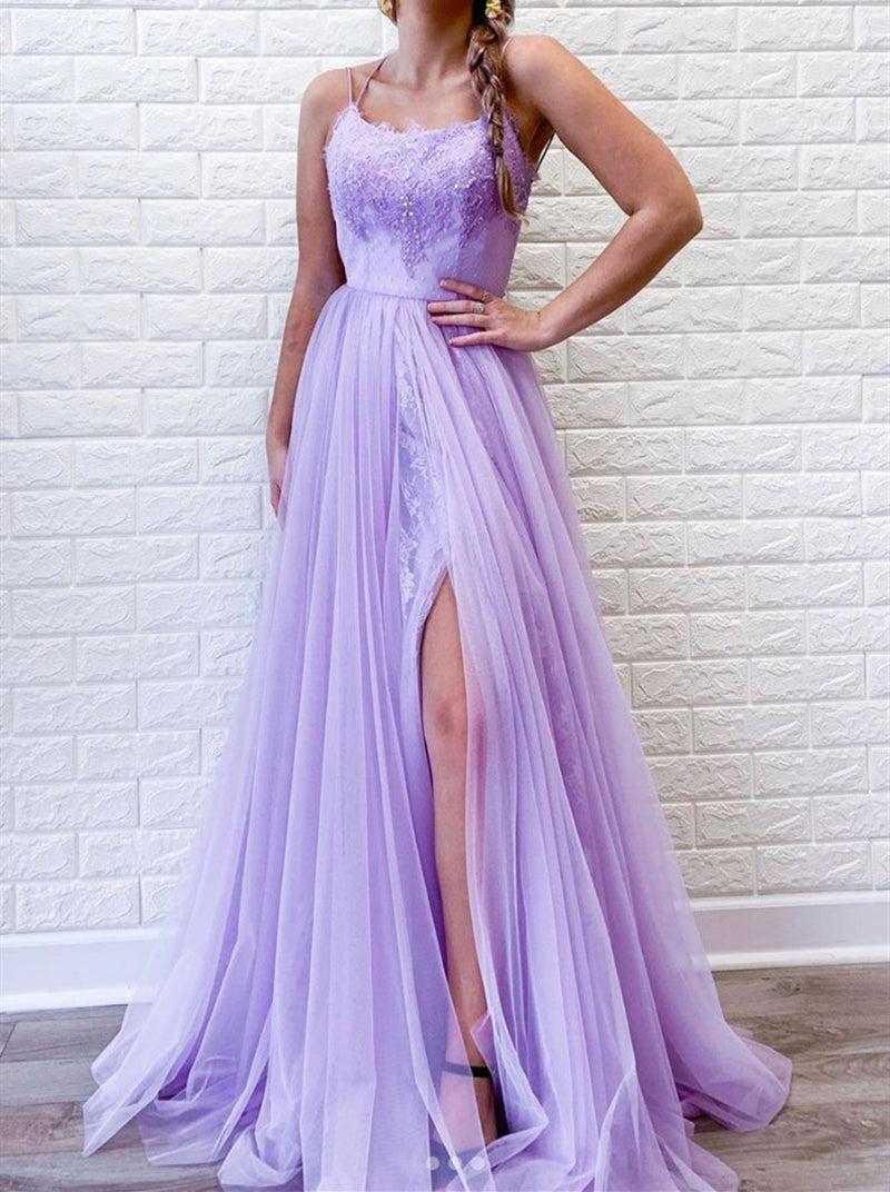 Unthony - Elegant A Line Spaghetti Straps Purple Lace Long Prom Dress with High Slit