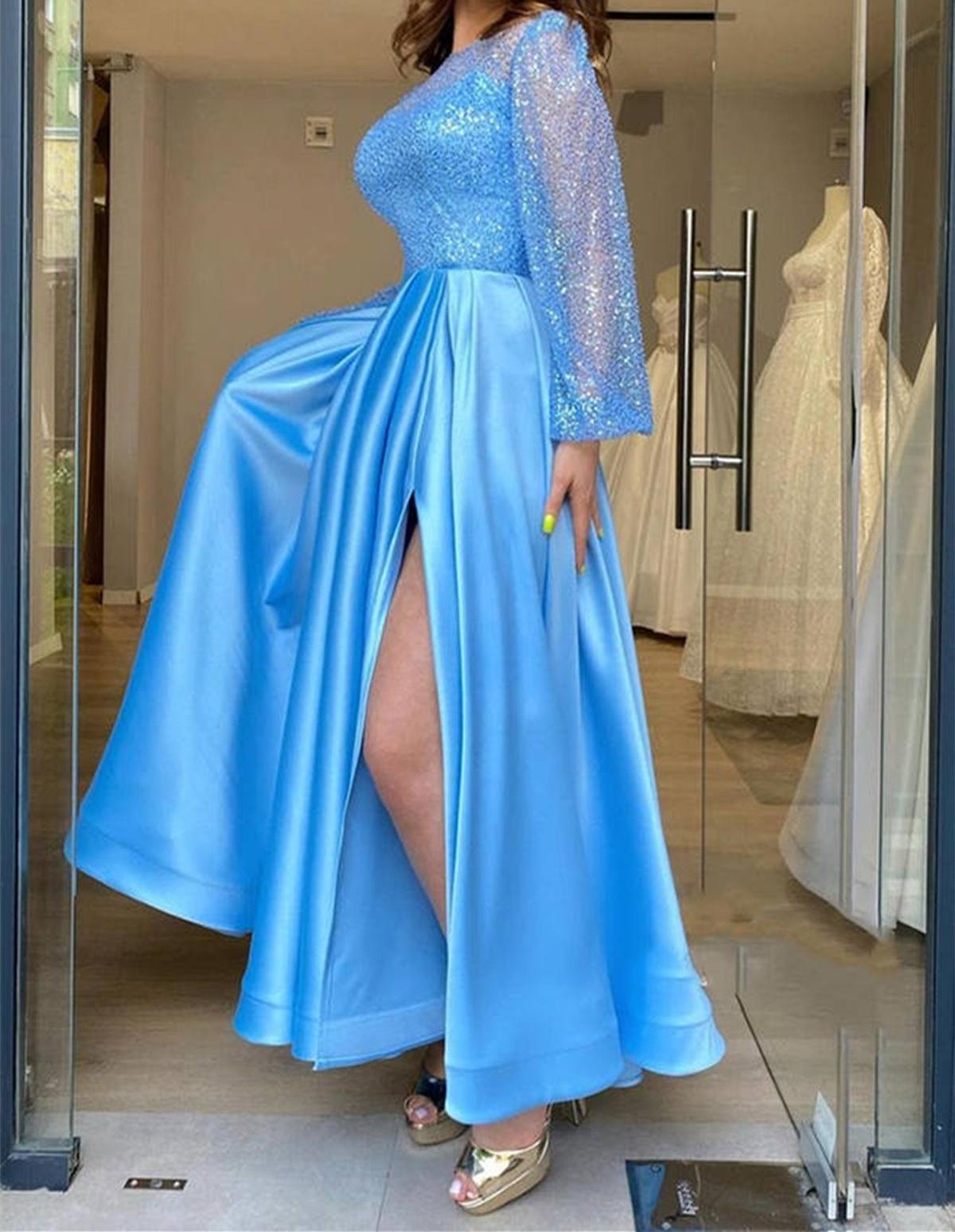 Unthony - Long Sleeves Round Neck Light Blue Tea Length Prom Dress with High Slit