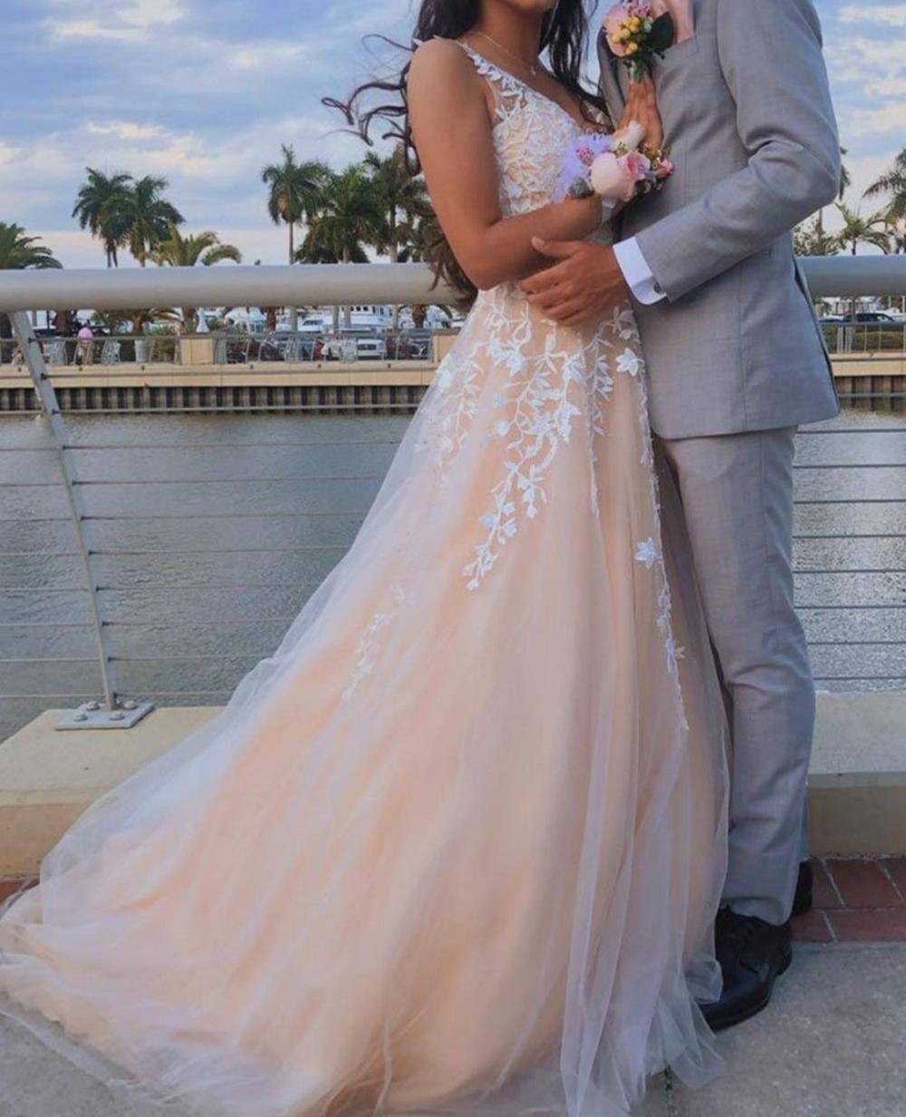 Unthony - A Line V Neck Pink Lace Long Prom Dress with Belt
