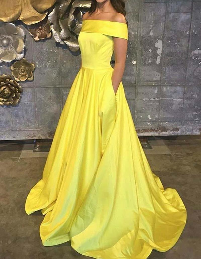 Unthony - Simple Off the Shoulder Yellow Satin Long Prom Dress with Pockets