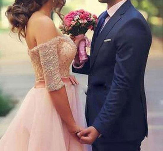 Unthony - A Line Sweetheart Neck Beaded Lace Pink Prom Dresses